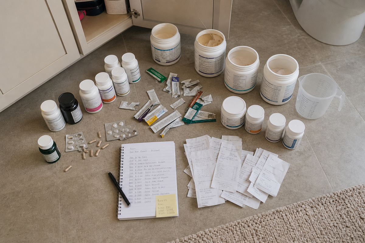 Fiber, powders, cleanses, pills, and receipts from Carol's cabinet
