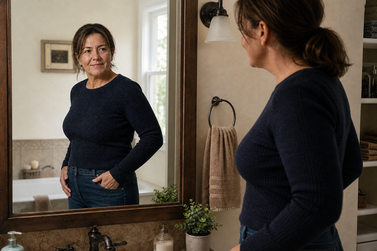 Carol recognizing her progress in the mirror again