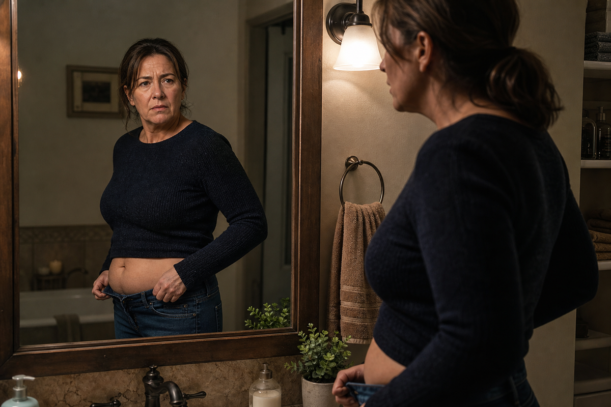 Carol confronting a swollen stomach in the bathroom mirror late at night