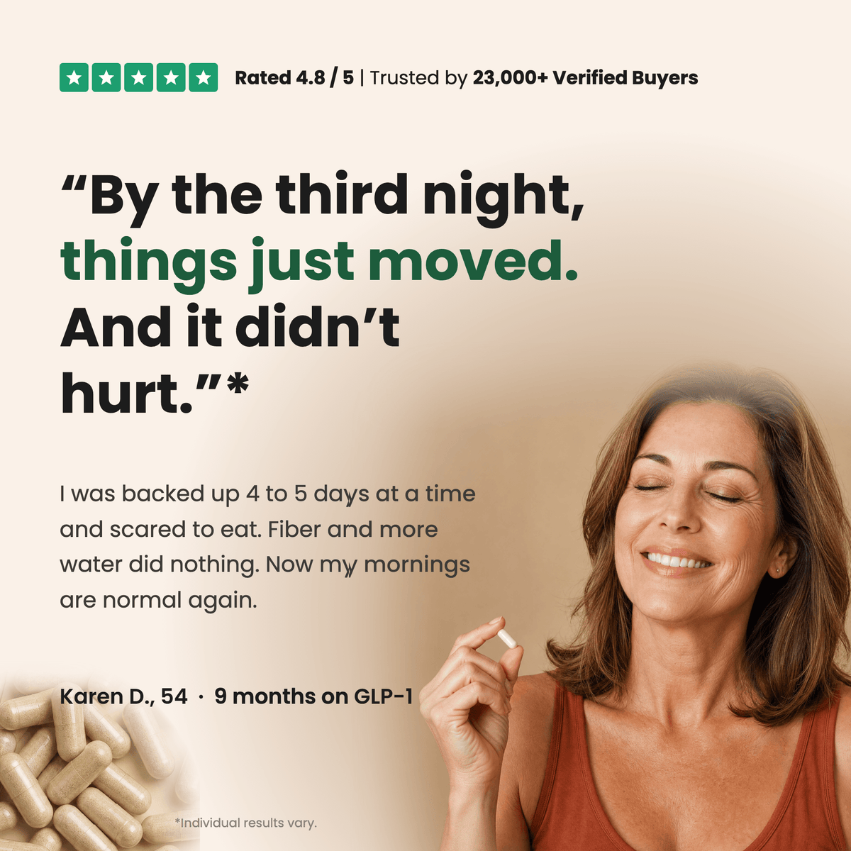 Amavra Night Flow - Karen D. testimonial v4 background fix
