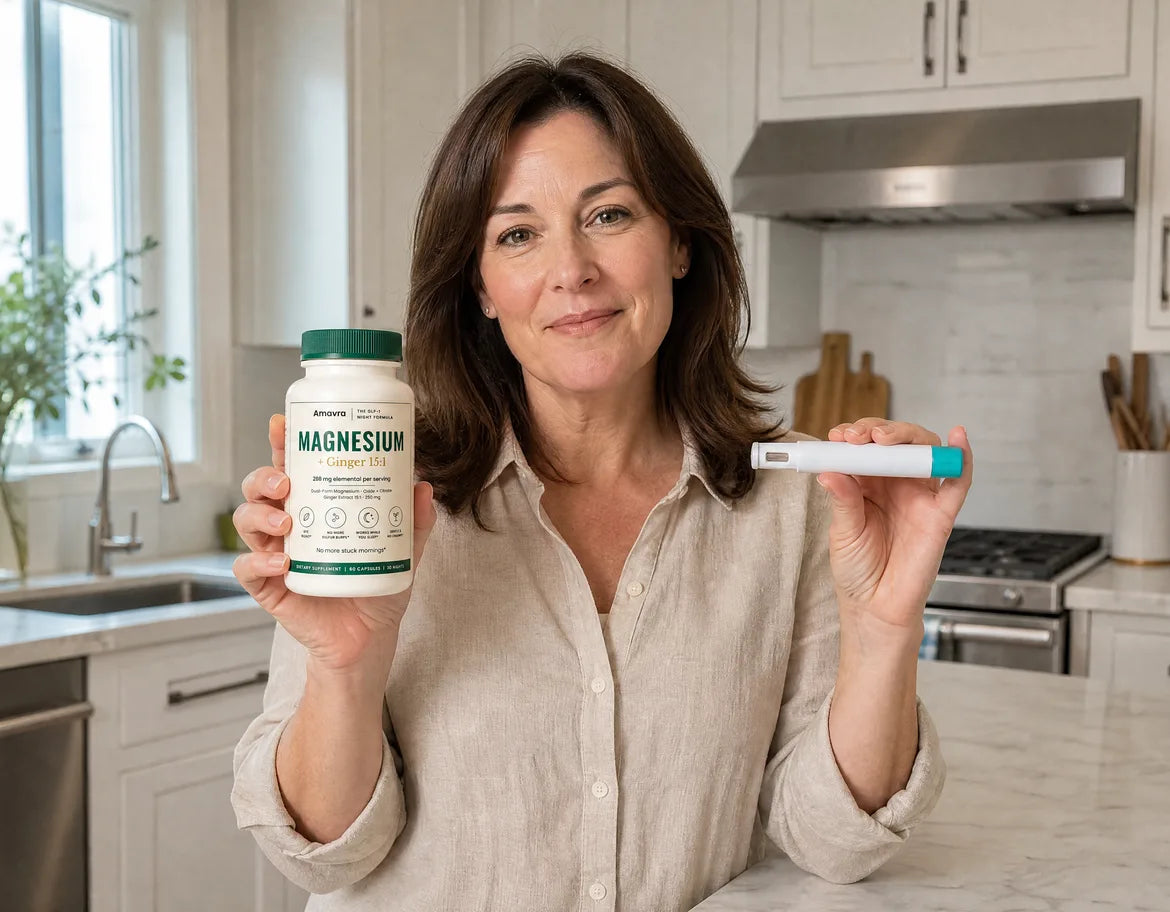 Woman in her kitchen holding the Amavra Night Flow bottle and a GLP-1 pen